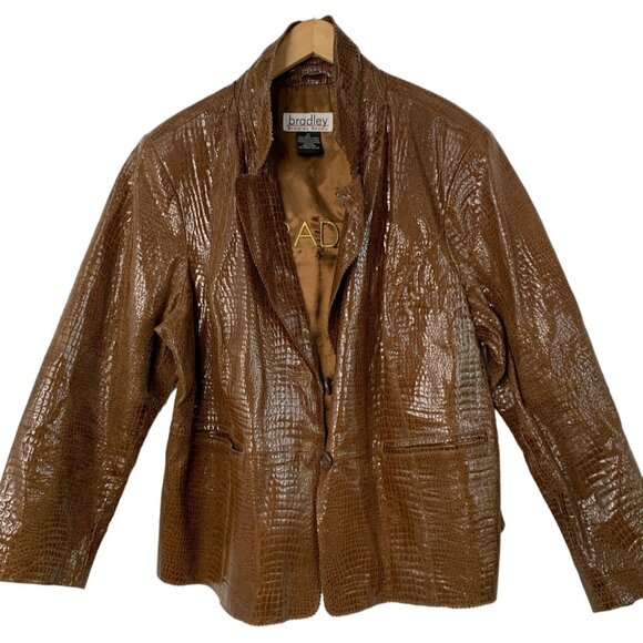 Bradley Bayou Brown Croc-Embossed Shiny Leather Blazer Jacket 2X EUC 8165 - Picture 2 of 10